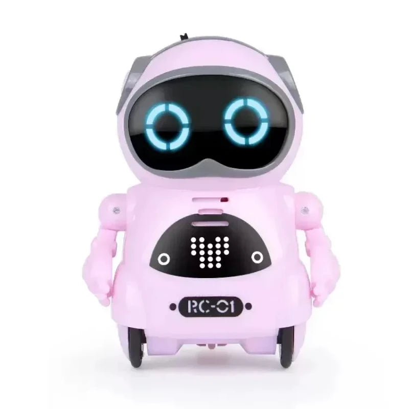 Pink mini pocket robot toy with blue glowing eyes, interactive features, and wheels for movement.