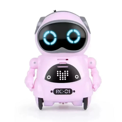 Pink mini pocket robot toy with blue glowing eyes, interactive features, and wheels for movement.