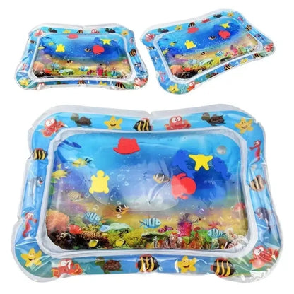 Inflatable baby water play mat with colorful underwater scene and floating toys, suitable for tummy time activities.