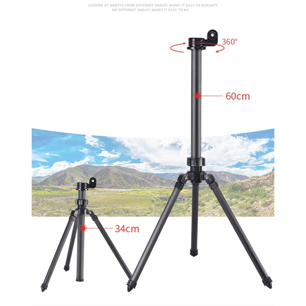 Adjustable black tripod with 360° rotation, shown at two heights against a landscape background.