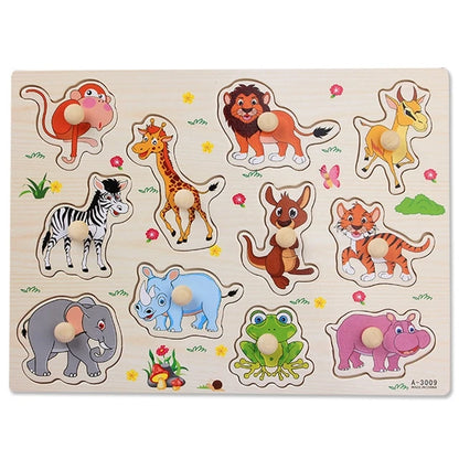 Wooden animal puzzle with colorful animal shapes and knobs, featuring a lion, giraffe, zebra, and more.