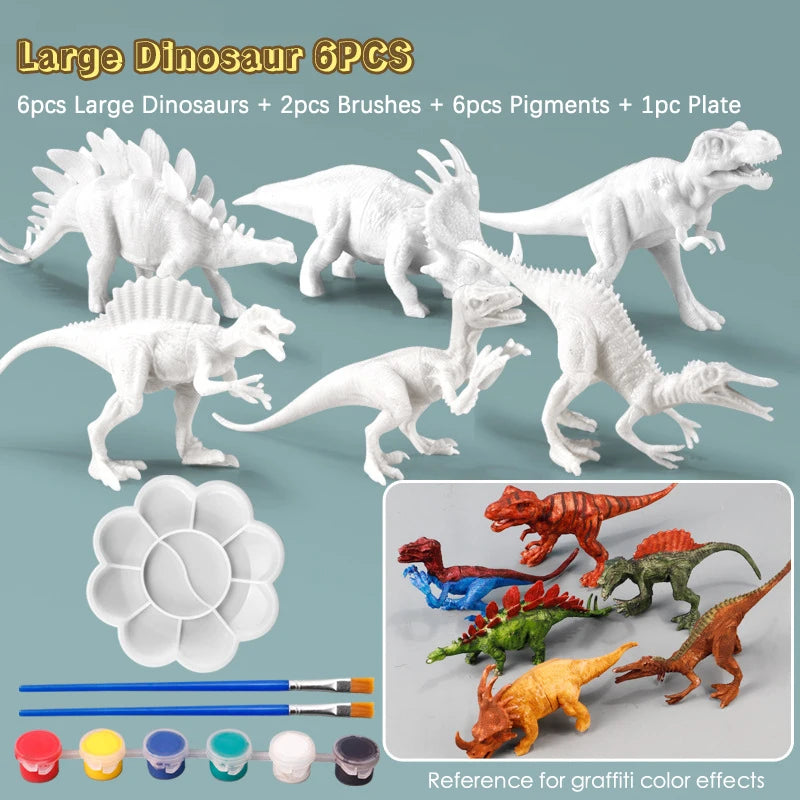 Six unpainted dinosaur figures in various poses, two brushes, a paint palette, and six paint colors.
