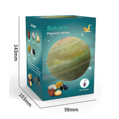 Box for Saturn planetary mining toy featuring colorful gem images and tools for excavation.