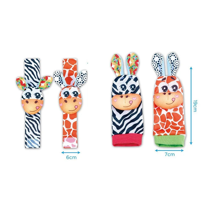 Four colorful baby wrist rattles and socks featuring animal designs, including a zebra and a bunny.