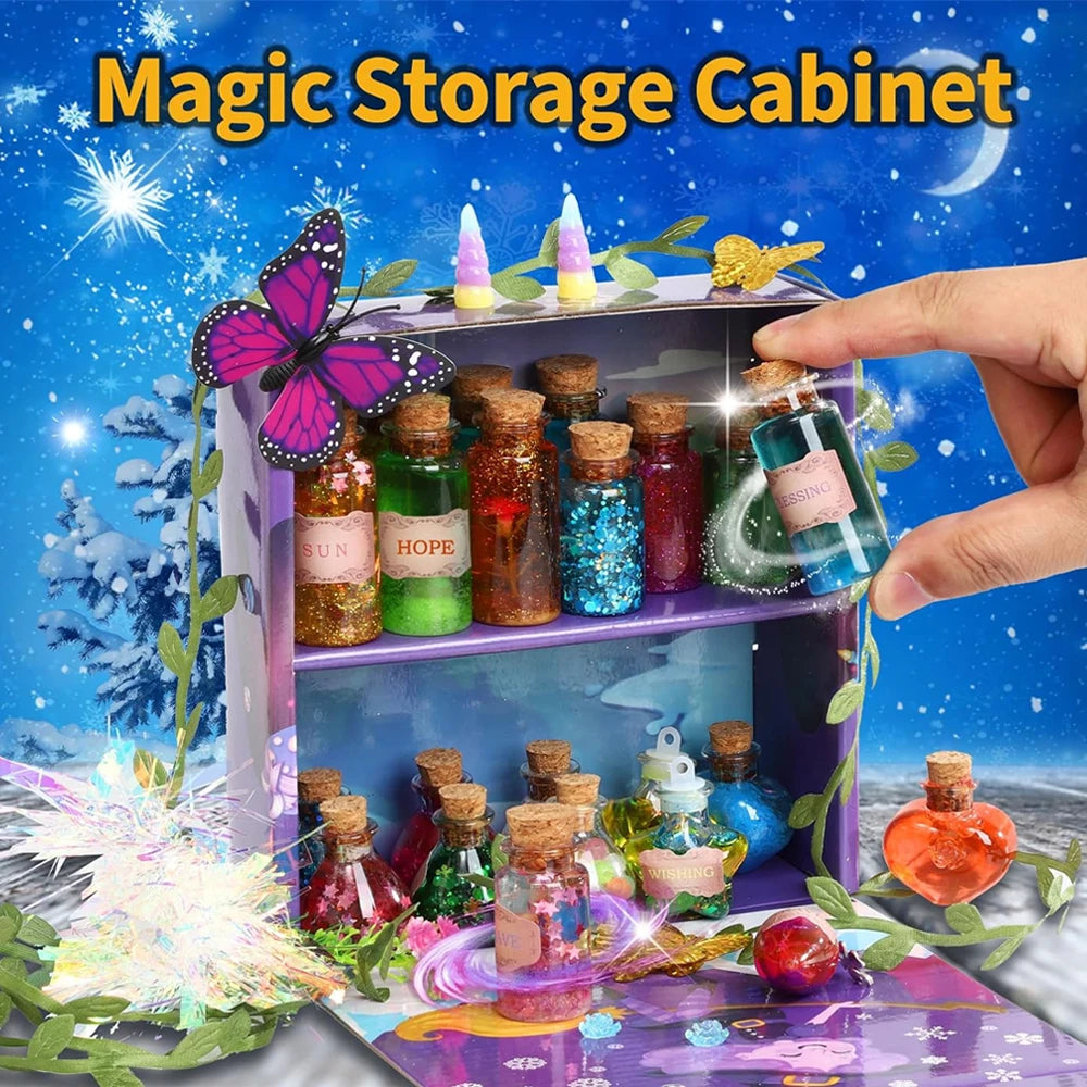 Colorful magic storage cabinet with potion bottles, glitter, and decorative elements, hand reaching for a bottle.
