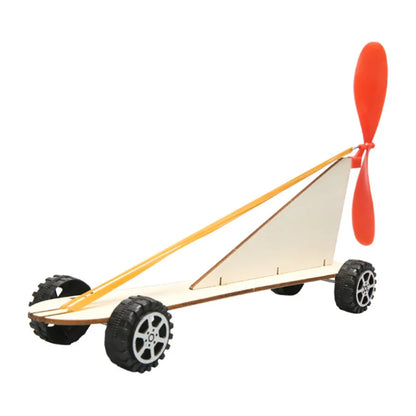 Elastic car toy with wooden body, rubber wheels, and a red propeller, designed for kids' STEM projects.