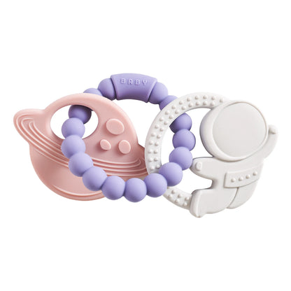 Two silicone teething rings in pink and white, featuring a planet and astronaut design with purple beads.