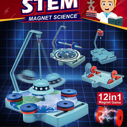 STEM magnet science toy set with various experiments, featuring colorful components and a blue background.