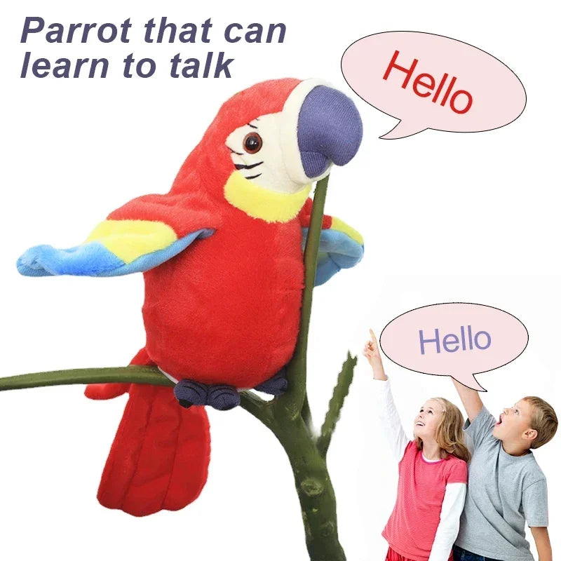 Colorful stuffed macaw parrot perched on a branch, with children interacting and speaking to it.