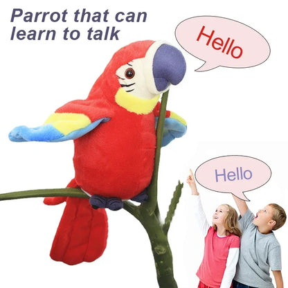 Colorful stuffed macaw parrot perched on a branch, with children interacting and speaking to it.