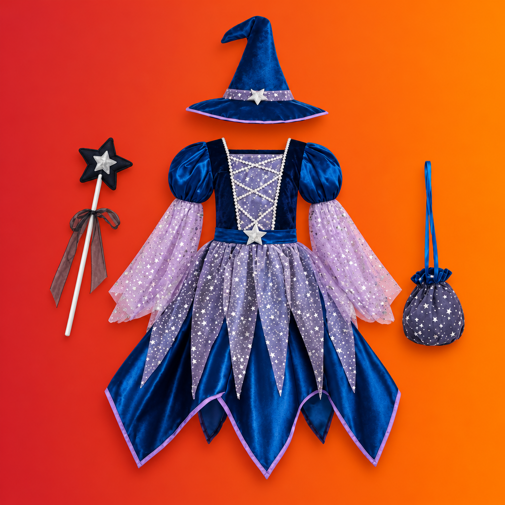 A children's wizard costume set laid out on a white background, including a blue and lavender dress with star-patterned tulle sleeves, a matching pointed hat, a star wand, and a small drawstring pouch.