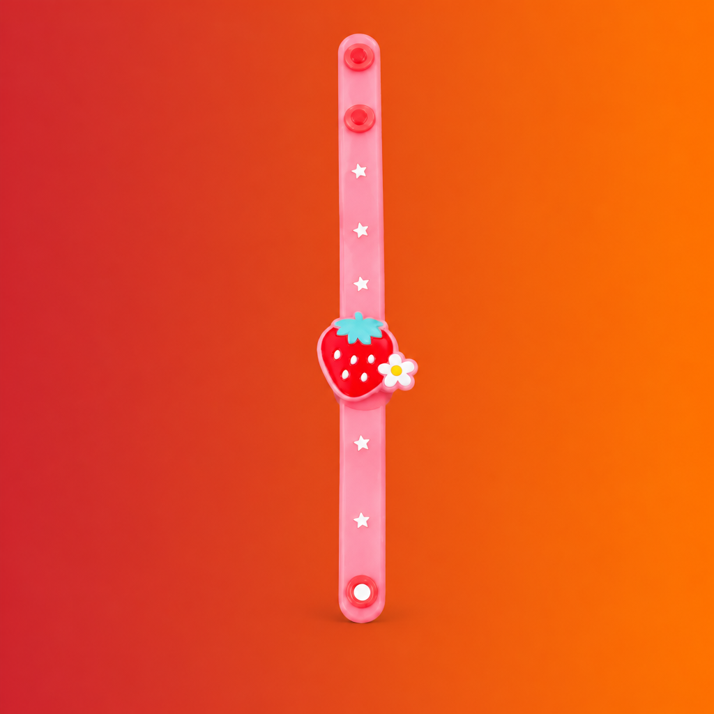 A translucent pink silicone watch band with white star details and a cute strawberry charm with a small white flower, set against a solid orange background.