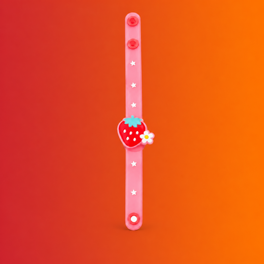 A translucent pink silicone watch band with white star details and a cute strawberry charm with a small white flower, set against a solid orange background.