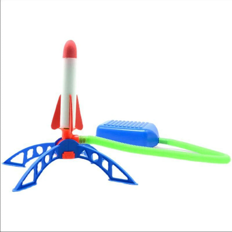Colorful rocket launcher with a red rocket, blue base, and green hose, designed for outdoor play.