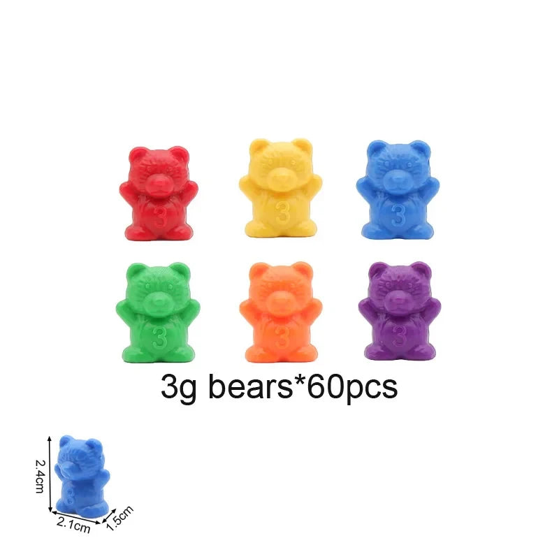 Colorful plastic counting bears in red, yellow, green, orange, blue, and purple, with numbers on some. 60 pieces total.
