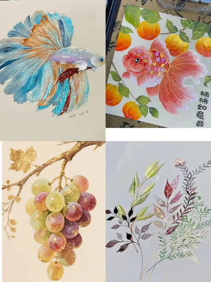 Four watercolor paintings featuring a colorful fish, grapes, and leaves, showcasing glitter effects and vibrant colors.
