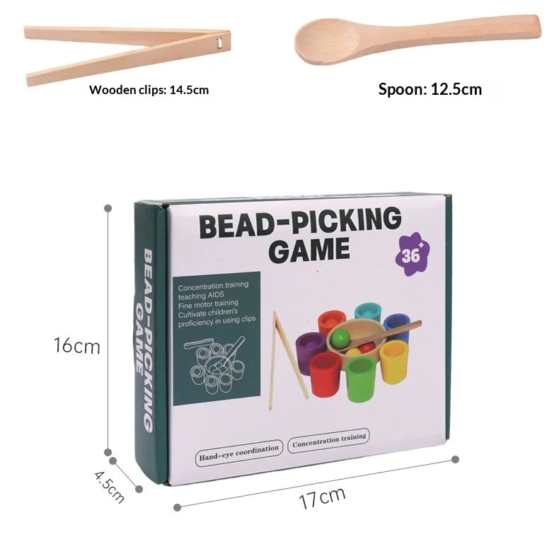 Colorful sorting cups in red, yellow, green, blue, and orange with wooden clips and spoon, in a box labeled 'Bead-Picking