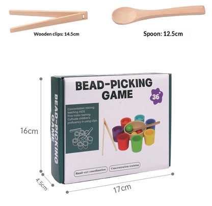 Colorful sorting cups in red, yellow, green, blue, and orange with wooden clips and spoon, in a box labeled 'Bead-Picking