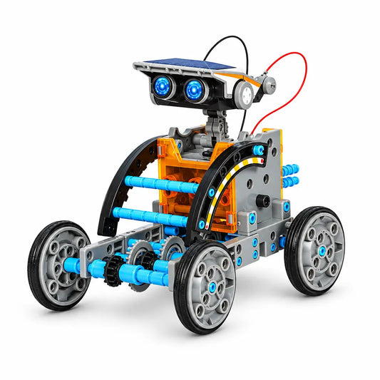 Colorful solar-powered robot toy with wheels, sensors, and building blocks, designed for educational play.