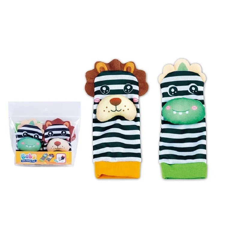 Two pairs of striped baby socks with animal faces, featuring a lion and a frog, in a clear packaging.