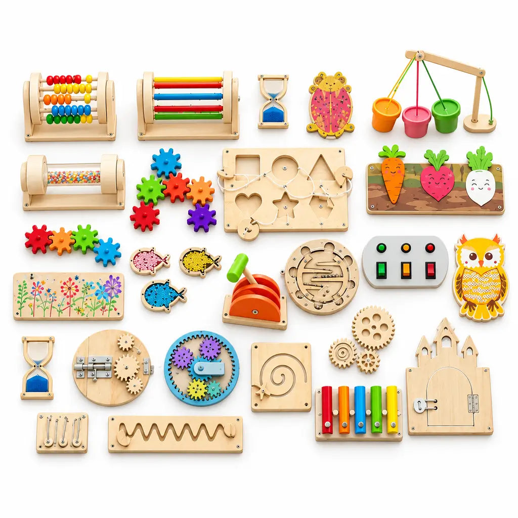 Children's educational wooden toys on a table with a child's hand interacting with them.