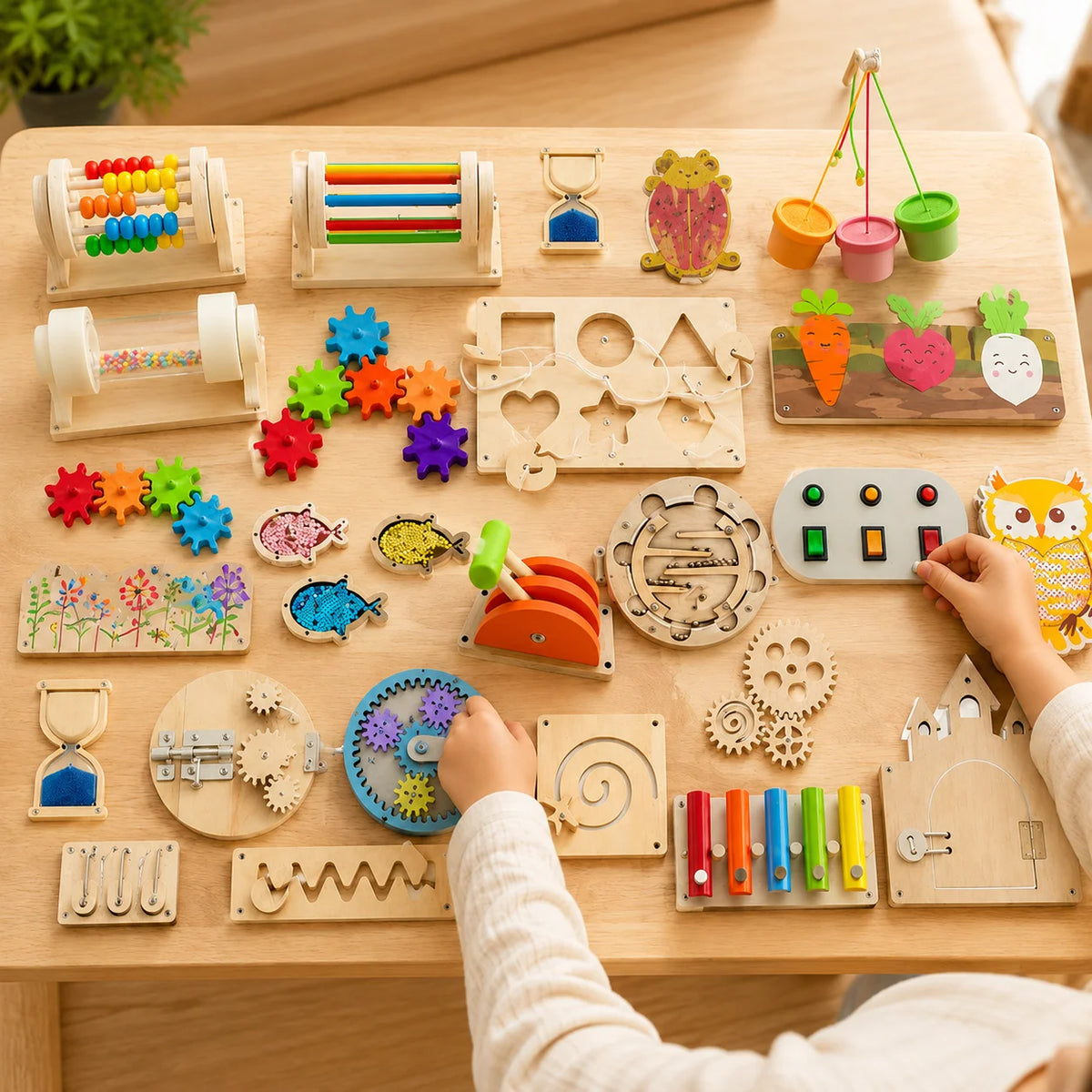 DIY Montessori Busy Board Accessories Set Wooden Sensory Activity Toys Gear Switch LED Light Drum Beads Educational Learning Toy