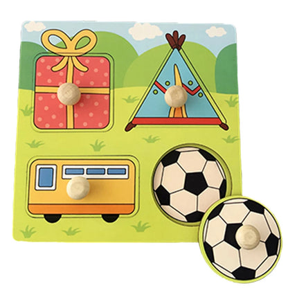Wooden puzzle board featuring four colorful shapes: a gift, a tent, a bus, and a soccer ball with knobs for easy handling.
