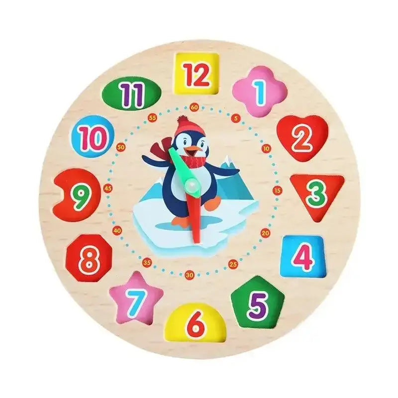 Wooden number puzzle clock with colorful shapes and a penguin design, featuring numbers 1 to 12.