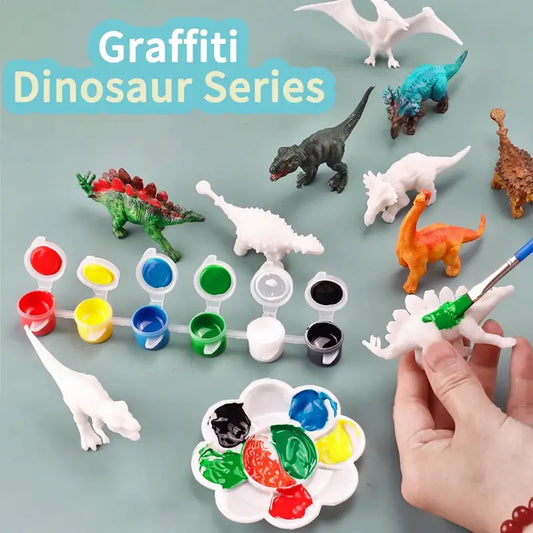 Six unpainted dinosaur figures in various colors, paint pots in primary colors, and a child painting a dinosaur.