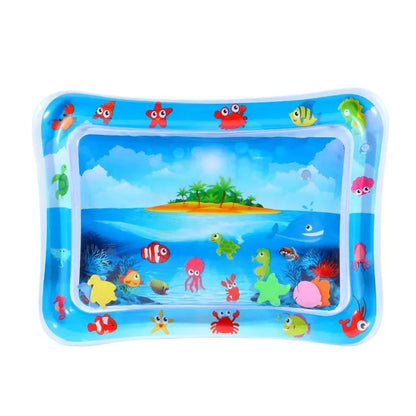 Inflatable water play mat with colorful sea creatures and an island scene, designed for infant tummy time activities.