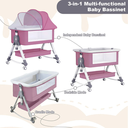 Baby Crib Portable Splicing Cradle Bed Foldable Height Adjustable 3 in 1 Bassinet Bedside Sleeper with Wheels mosquito net
