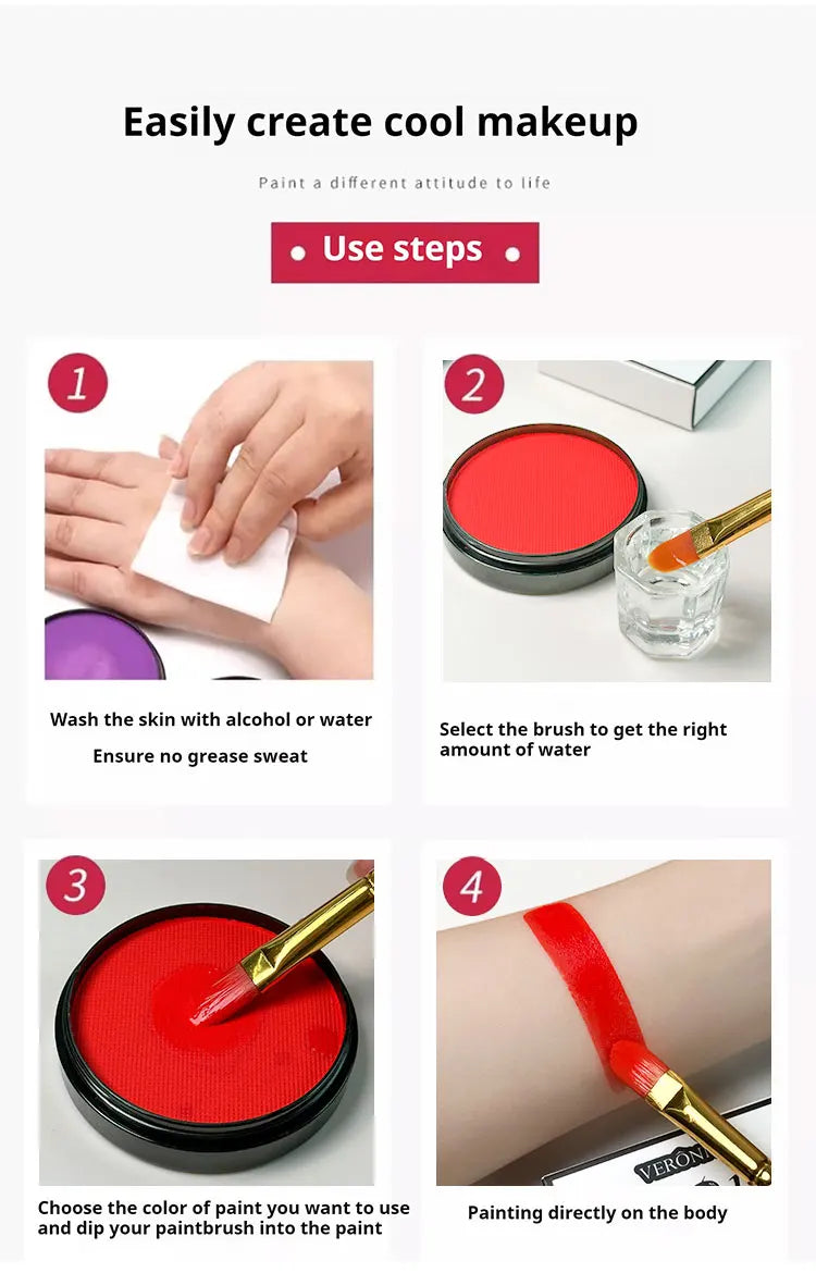 Water Activated Face & Body Paint - 6 Colors with Brush