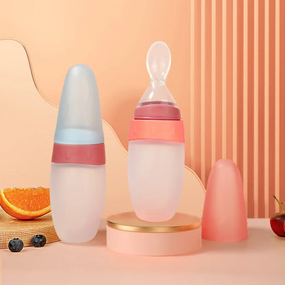 100ml Liquid Silicone Baby Feeder Rice Paste Fruit Puree Toddler Squeeze Feeding Bottle with Dispensing Spoon
