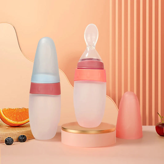 100ml Liquid Silicone Baby Feeder Rice Paste Fruit Puree Toddler Squeeze Feeding Bottle with Dispensing Spoon