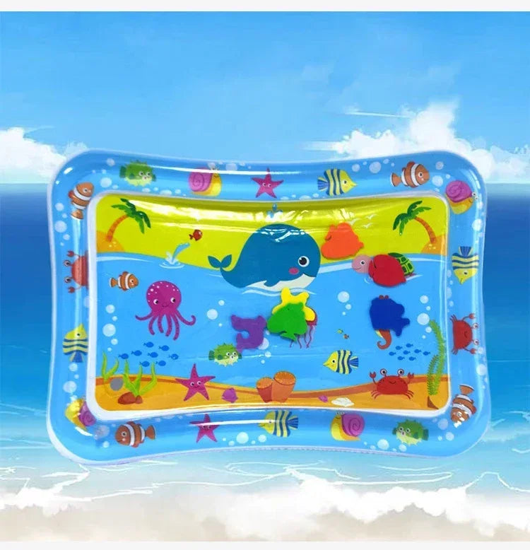 Inflatable water play mat with colorful sea creatures and shapes, designed for infant tummy time activities.