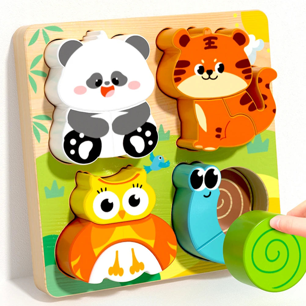 Colorful wooden puzzle with animal shapes including a panda, tiger, owl, and snail, set on a green background.