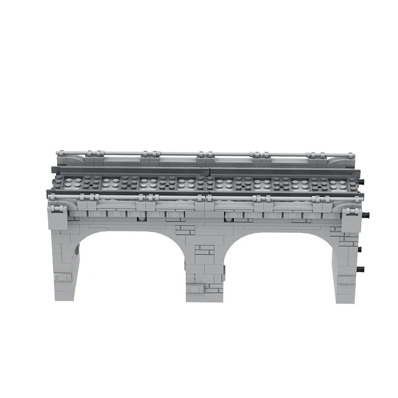 Gray building block model of a traffic bridge viaduct with arches and a flat top, designed for kids.