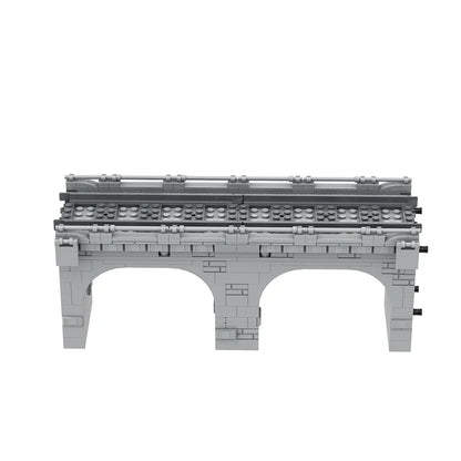 Gray building block model of a traffic bridge viaduct with arches and a flat top, designed for kids.