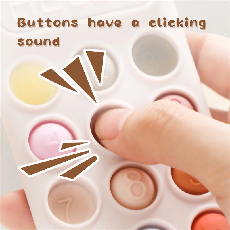 Silicone teether toy with colorful buttons, hand pressing a button, features number recognition and clicking sound