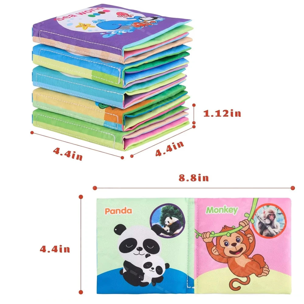 Set of colorful washable baby cloth books with multi-textured pages, featuring animal illustrations and teething rings.