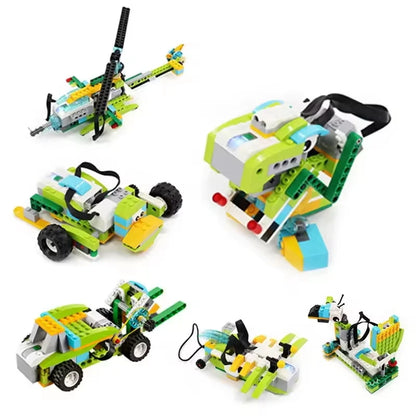 Colorful building blocks arranged in various robotic models, including a helicopter and vehicles, showcasing creativity.