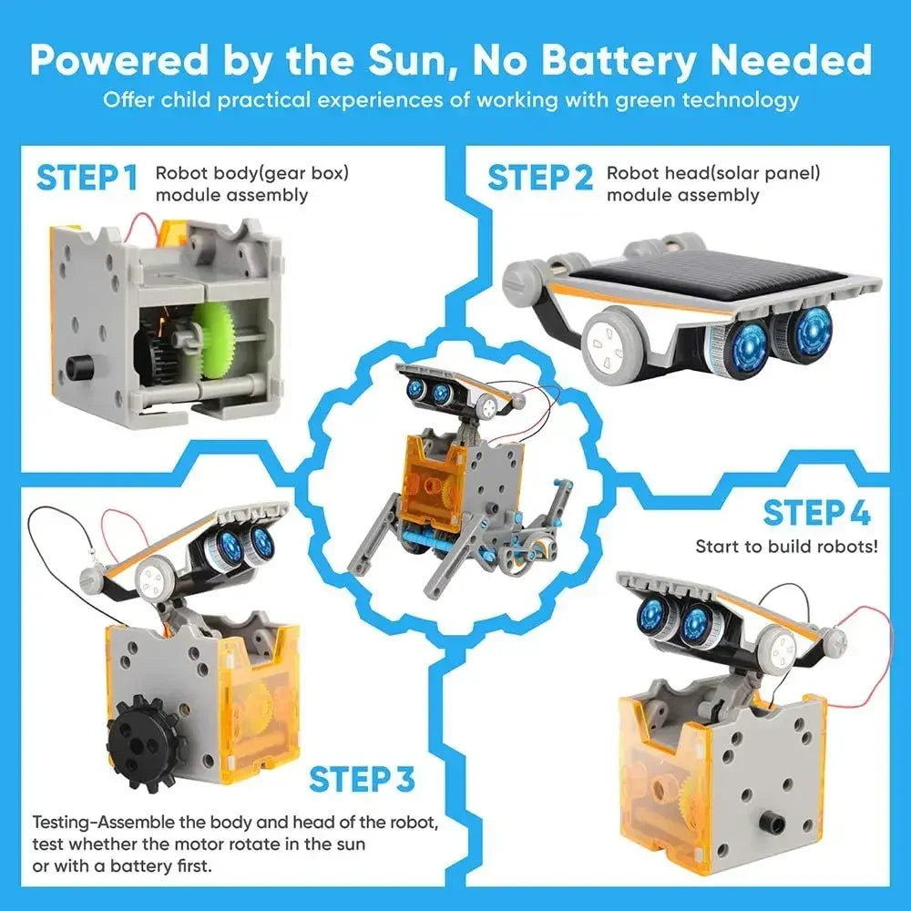 Step-by-step assembly instructions for a solar robot kit, featuring gears, solar panel, and motor components.