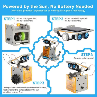 Step-by-step assembly instructions for a solar robot kit, featuring gears, solar panel, and motor components.