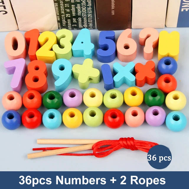 Colorful wooden beads in various shapes and numbers, including two ropes for threading, 36 pieces total.