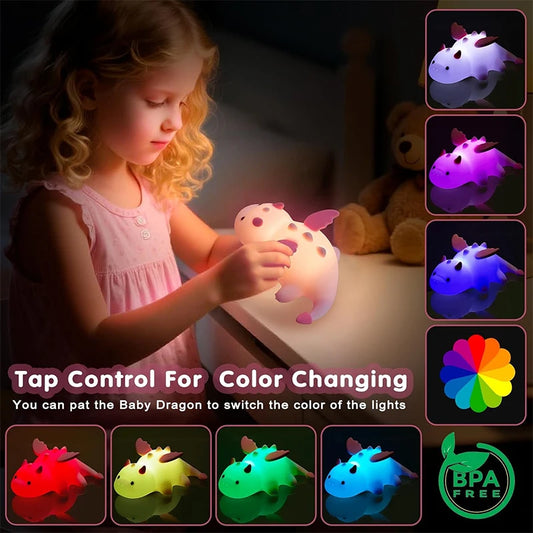 Dragon Night Light for Kids, Rechargeable 7 Colors Silicone Night Lights with Magnetic Base & Timer, Dimmable Nursery