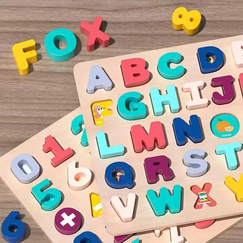 Colorful wooden puzzle board featuring letters, numbers, and shapes in various colors for toddlers.