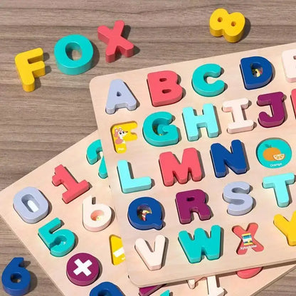 Colorful wooden puzzle board featuring letters, numbers, and shapes in various colors for toddlers.