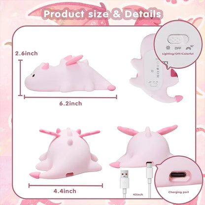 Dragon Night Light for Kids, Rechargeable 7 Colors Silicone Night Lights with Magnetic Base & Timer, Dimmable Nursery