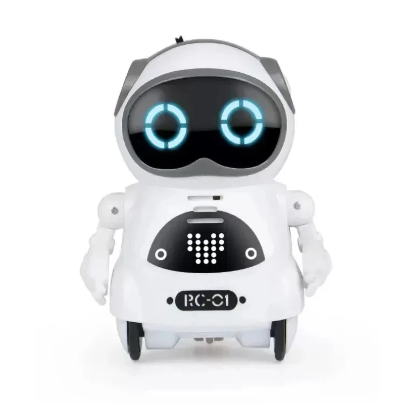 White mini pocket robot toy with blue glowing eyes, interactive buttons, and wheels for movement.