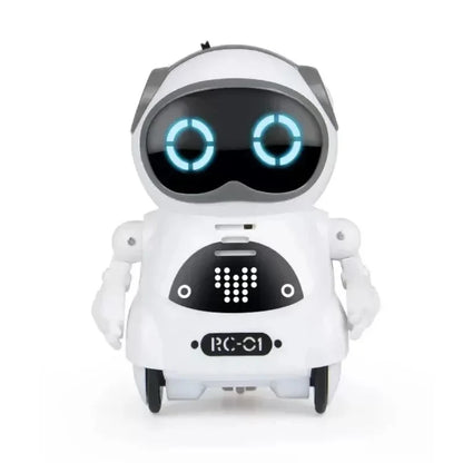 White mini pocket robot toy with blue glowing eyes, interactive buttons, and wheels for movement.